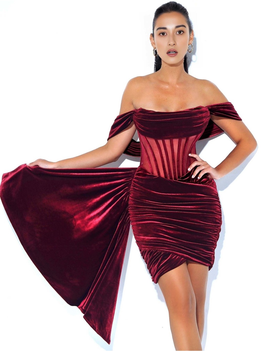 One-Shoulder Burgundy Velvet Draped Corset Dress